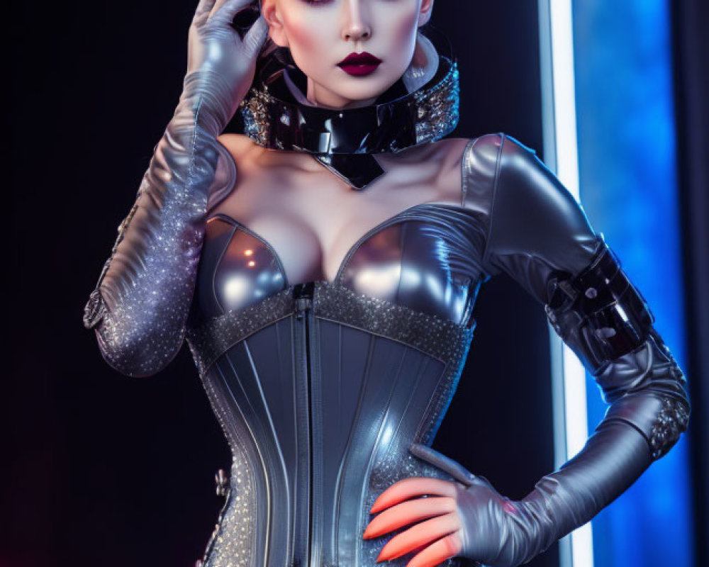Futuristic woman in metallic corset with shaved head and neon background