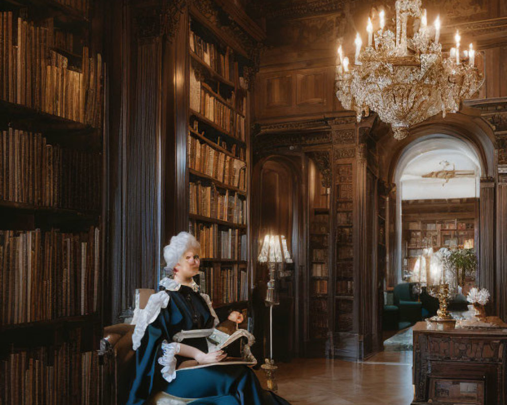 Elegant woman in vintage library with bookshelves and chandelier