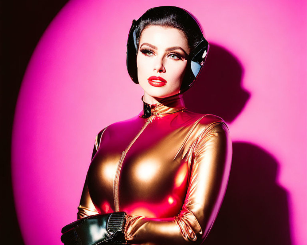 Woman in Red Lipstick and Golden Bodysuit on Pink Background