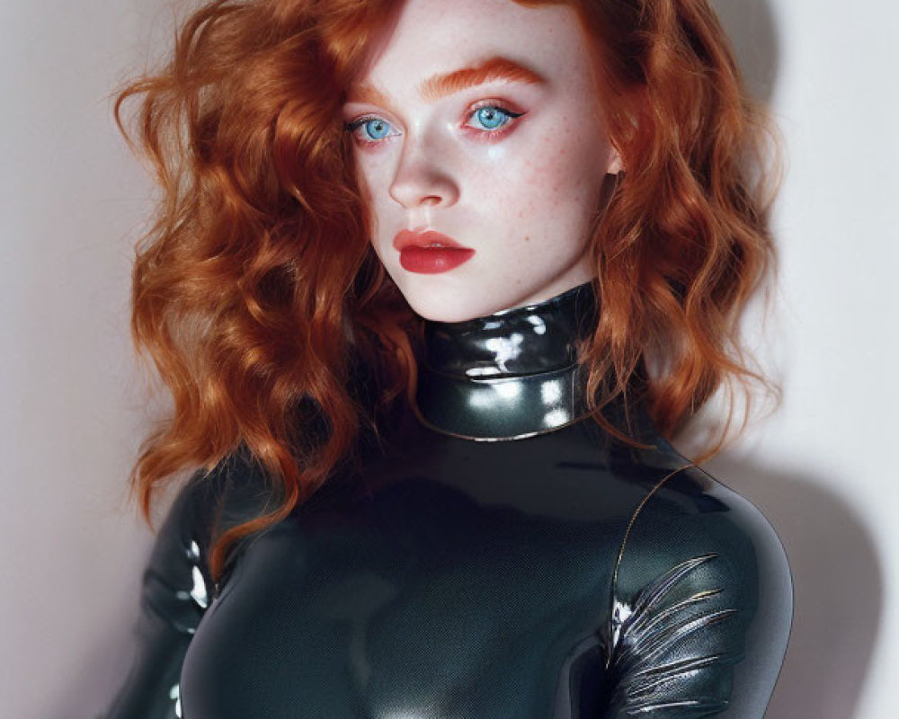 Striking Red-Haired Woman in Black Latex Bodysuit Pose