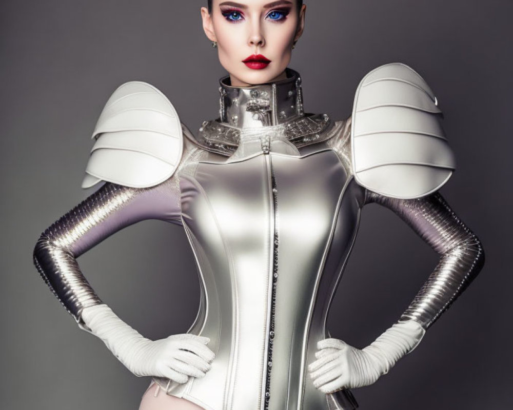Futuristic woman in white and silver attire with bold makeup, elaborate updo hairstyle