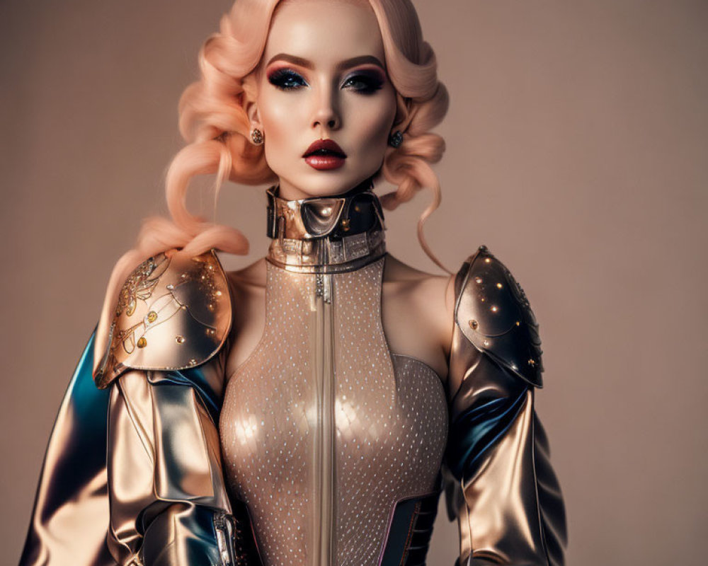 Blonde Curly-Haired Woman in Futuristic Armor with Gold Accents