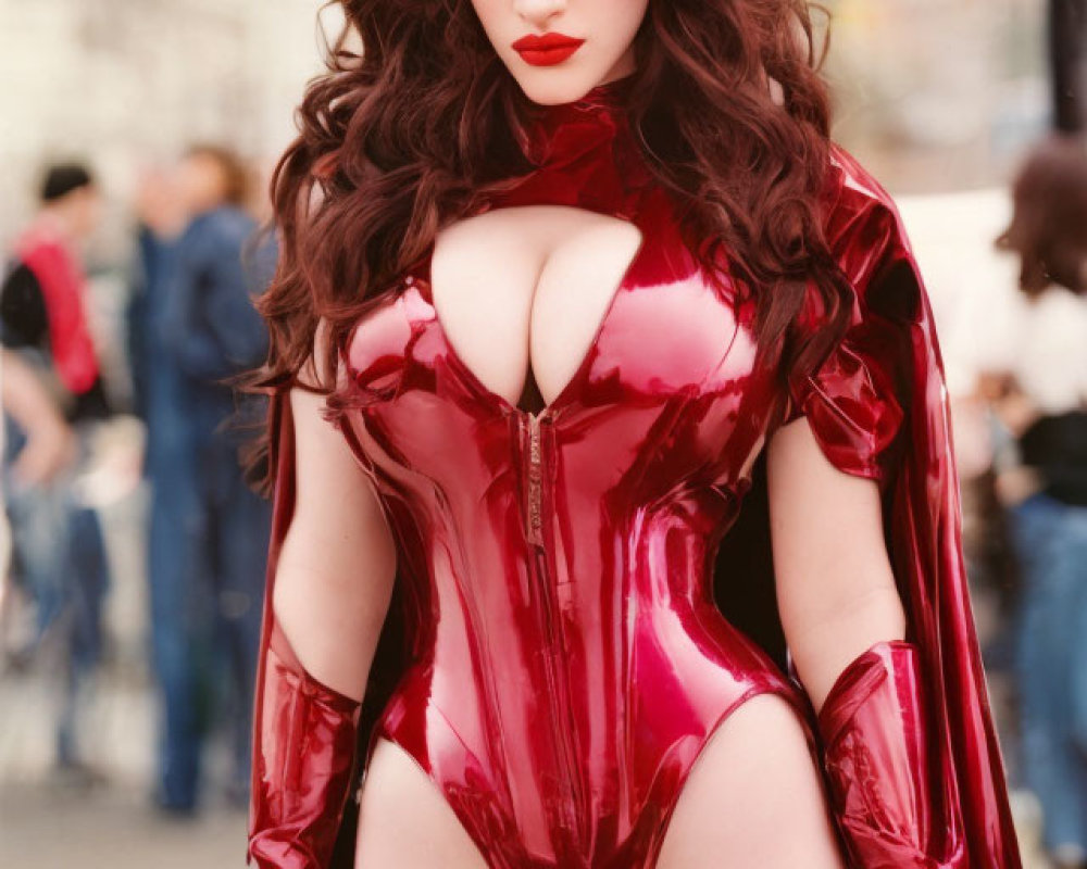 Woman in Red Latex Costume Poses Under Brown Structure