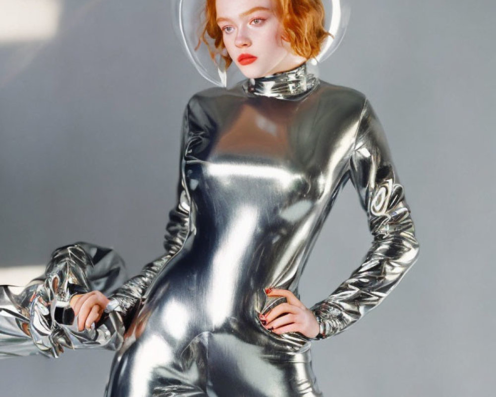 Futuristic person in shiny metallic bodysuit and clear helmet poses against neutral backdrop