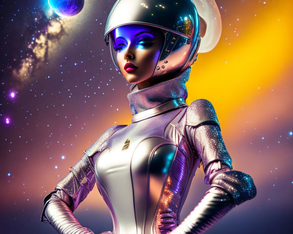 Futuristic woman in space suit with cosmic nebulas and planets