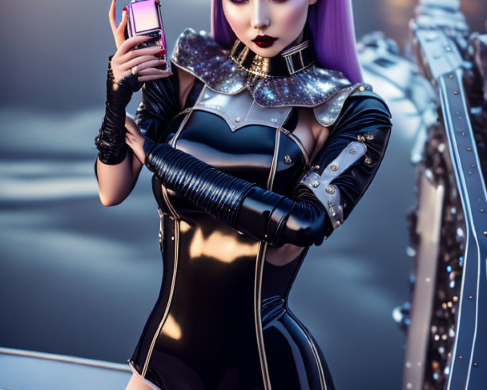 Futuristic woman with purple hair in stylized outfit poses with phone