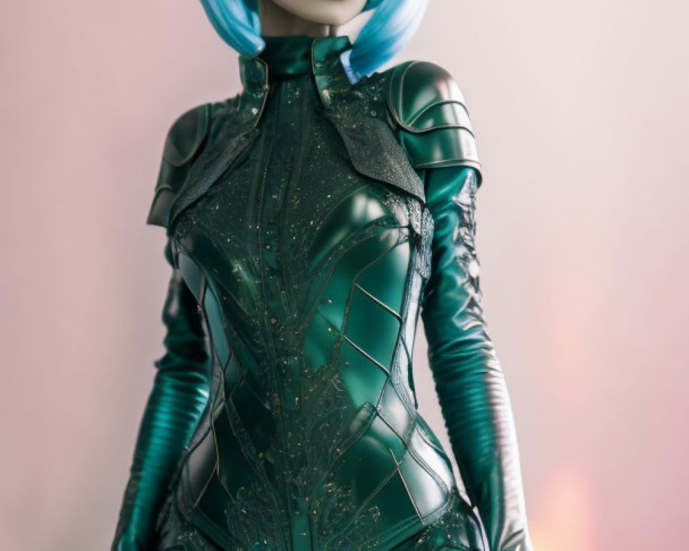 Futuristic teal bodysuit with ornate patterns and teal bob hairstyle