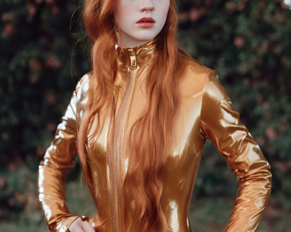Red-haired woman in gold jumpsuit amid outdoor foliage.