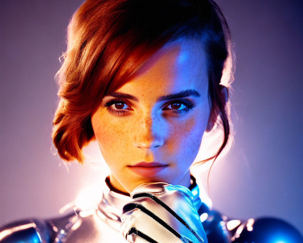 Person with short brown hair and freckles in metallic outfit under warm light