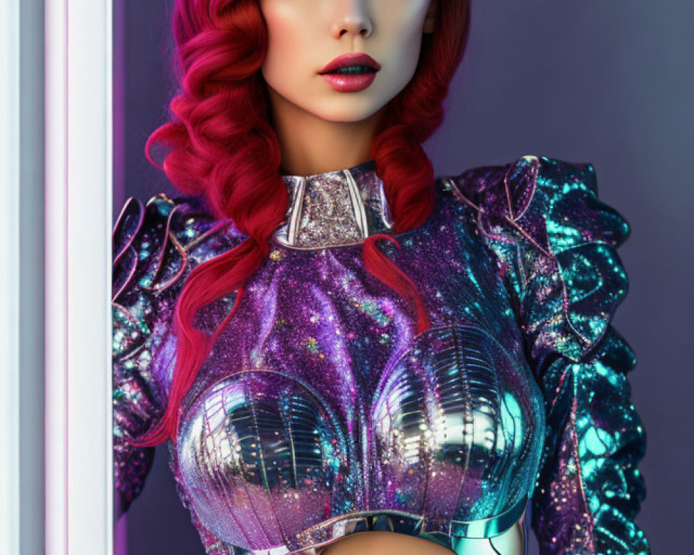 Red-haired woman in futuristic metallic purple outfit with silver accents and blue eyeshadow