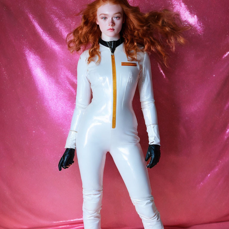 Red-haired person in white latex bodysuit on pink backdrop