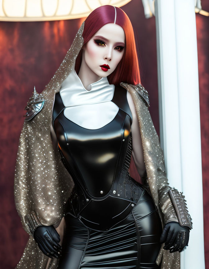 Red-haired woman statue in black bodysuit with white collar and speckled cape