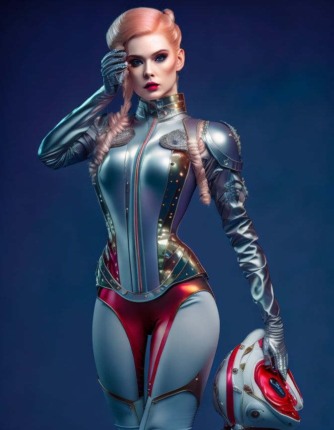 Futuristic woman in platinum blonde hair and metallic bodysuit with illuminated accents holding a helmet