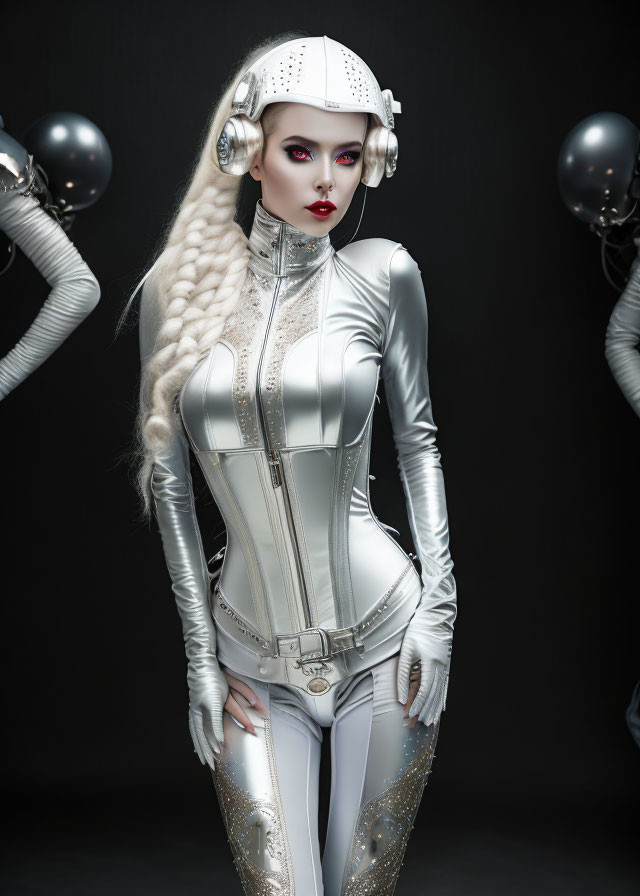 Futuristic woman in silver bodysuit with sci-fi helmet and metallic spheres