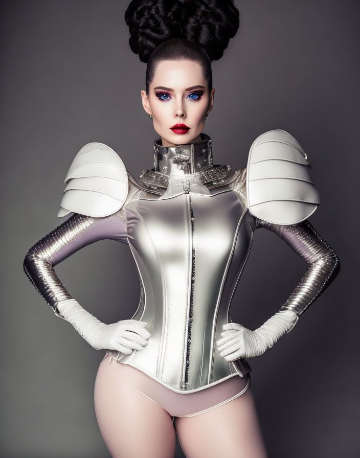 Futuristic woman in white and silver attire with bold makeup, elaborate updo hairstyle