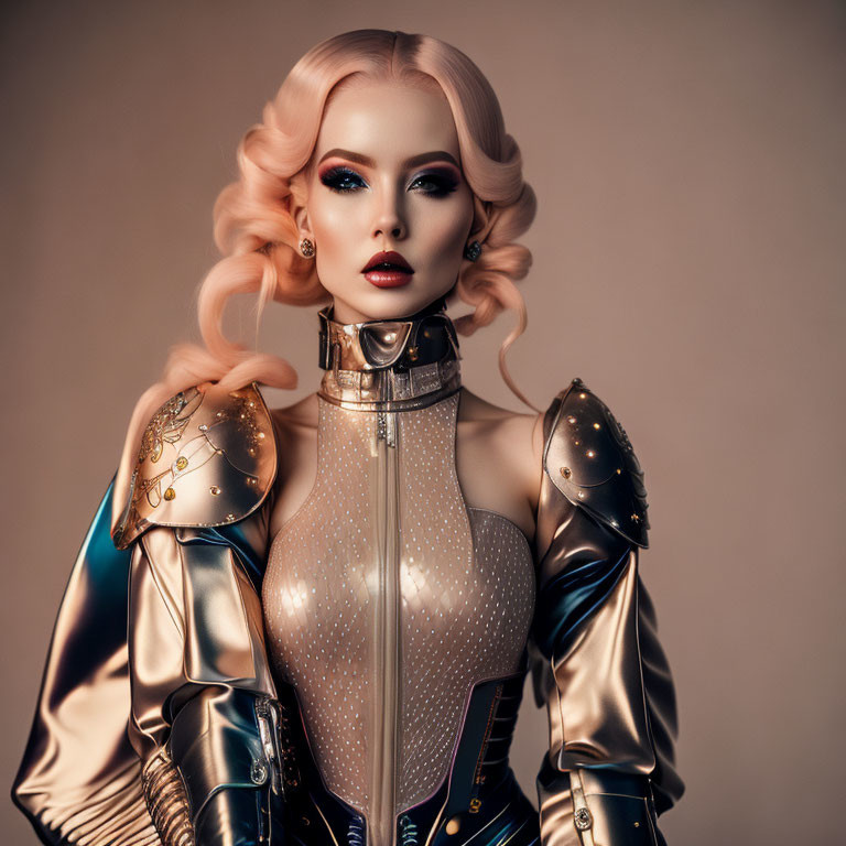 Blonde Curly-Haired Woman in Futuristic Armor with Gold Accents