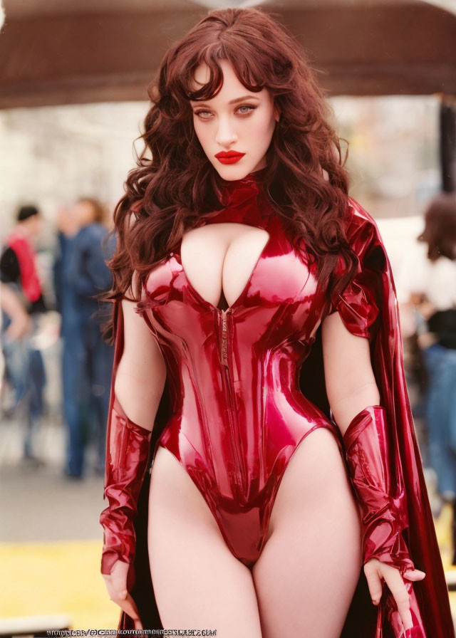 Woman in Red Latex Costume Poses Under Brown Structure
