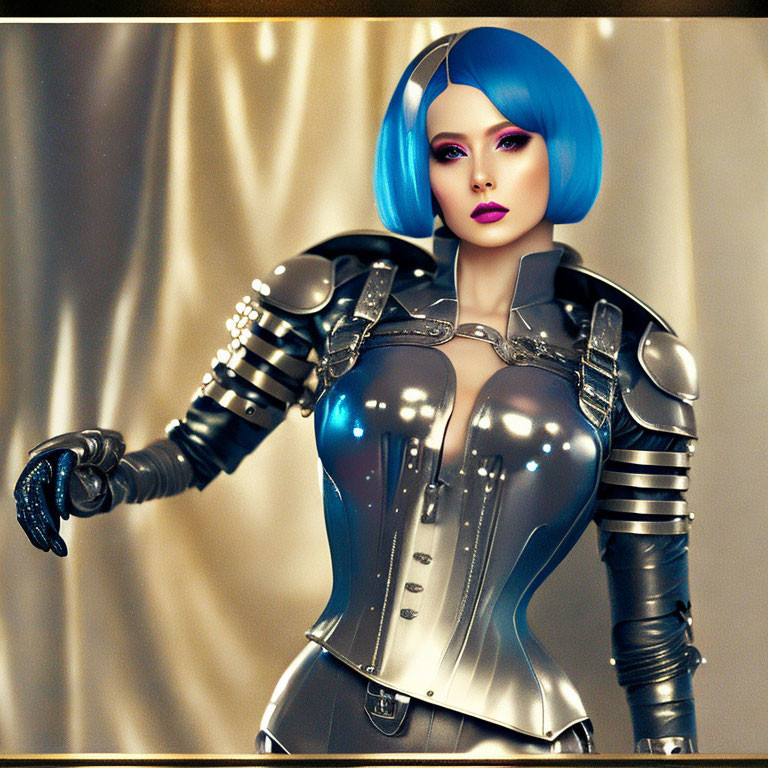 Futuristic woman in blue bob haircut wearing detailed metallic armor.