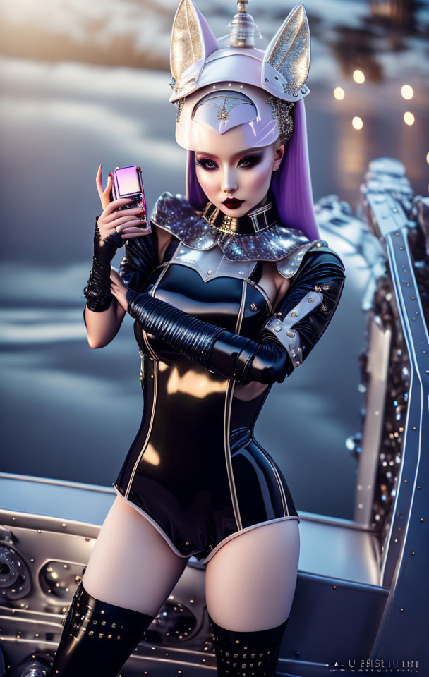 Futuristic woman with purple hair in stylized outfit poses with phone