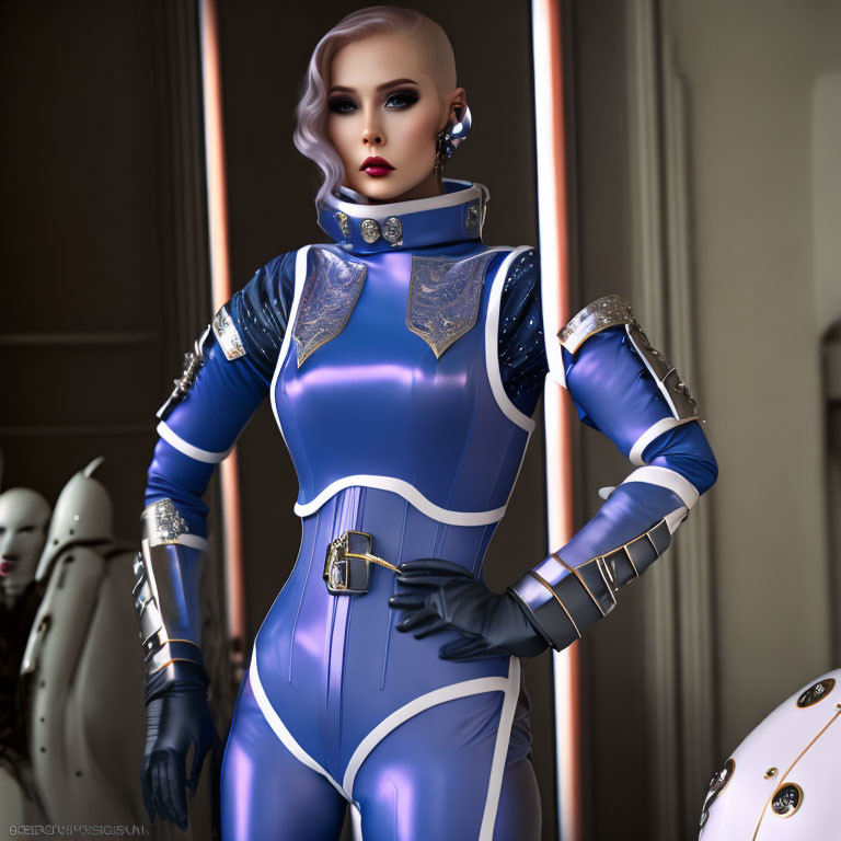 Futuristic woman in blue bodysuit with metallic accents and robotic figures.
