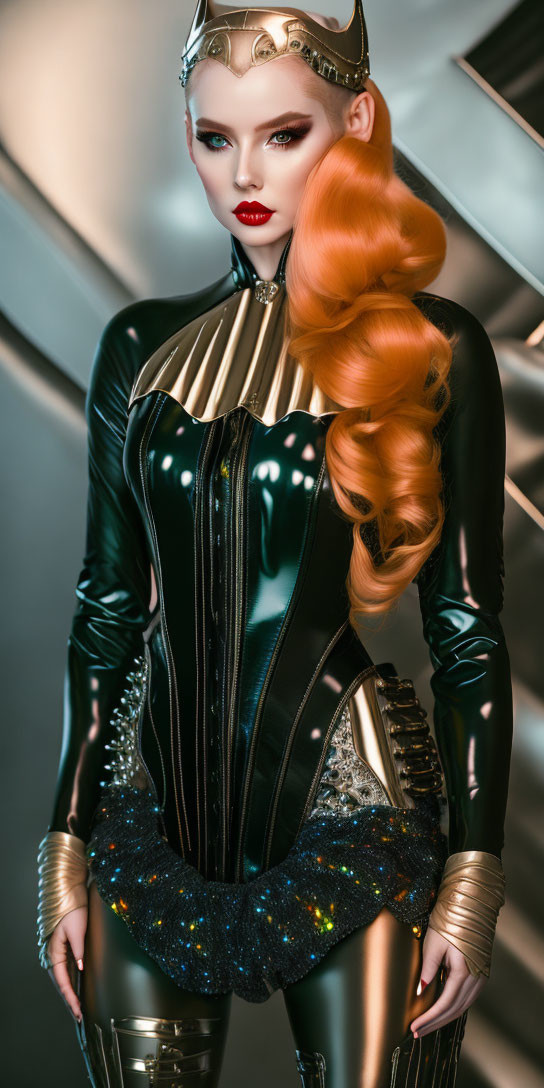 Futuristic woman with red-orange hair in black latex costume