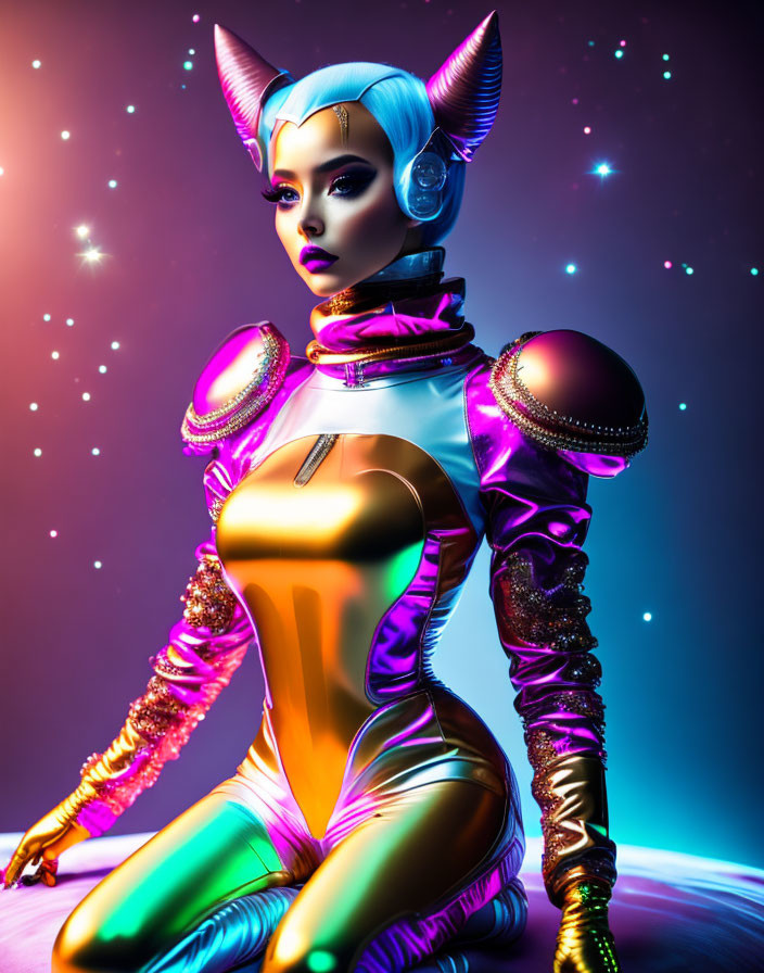 Futuristic female android with cat-like ears in metallic bodysuit
