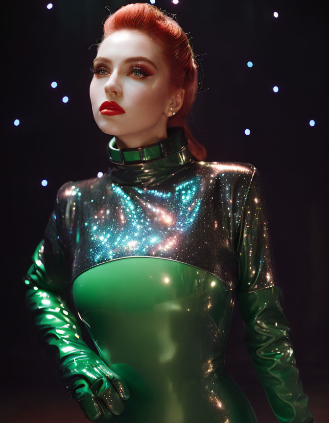 Red-haired woman in green galaxy bodysuit on dark backdrop.