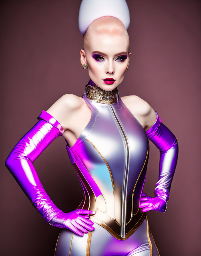 Futuristic purple and silver bodysuit on model with sleek updo