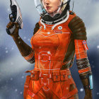 Futuristic woman in orange bodysuit with metallic arm guards poses against starry backdrop