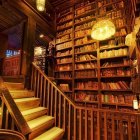 Luxurious Wooden Library with Spiral Staircase and Golden Chandelier