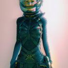 Futuristic teal bodysuit with ornate patterns and teal bob hairstyle