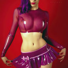 Futuristic woman in purple and white latex outfit posing on red background