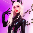 Stylized female figure in black latex bodysuit with cat ears, white hair, and purple