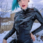 Stylized woman with blue hair in futuristic bodysuit among white trees