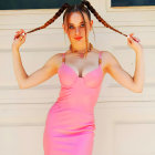 Woman in shiny pink bodysuit with metallic details and braided pigtails on pale background.