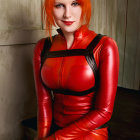 Red-haired person in red latex suit with blue eyes in dimly lit room