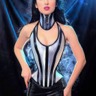 Futuristic woman with blue hair in silver corset against cosmic backdrop