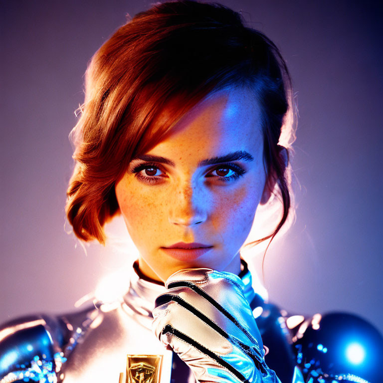 Person with short brown hair and freckles in metallic outfit under warm light