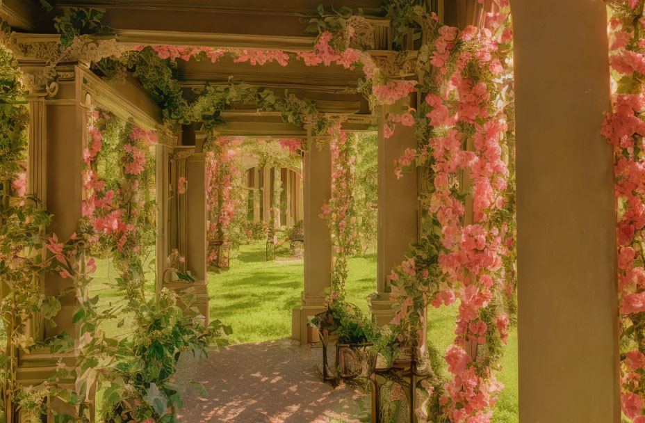 Tranquil garden pathway with pink flowering vines and pergola.