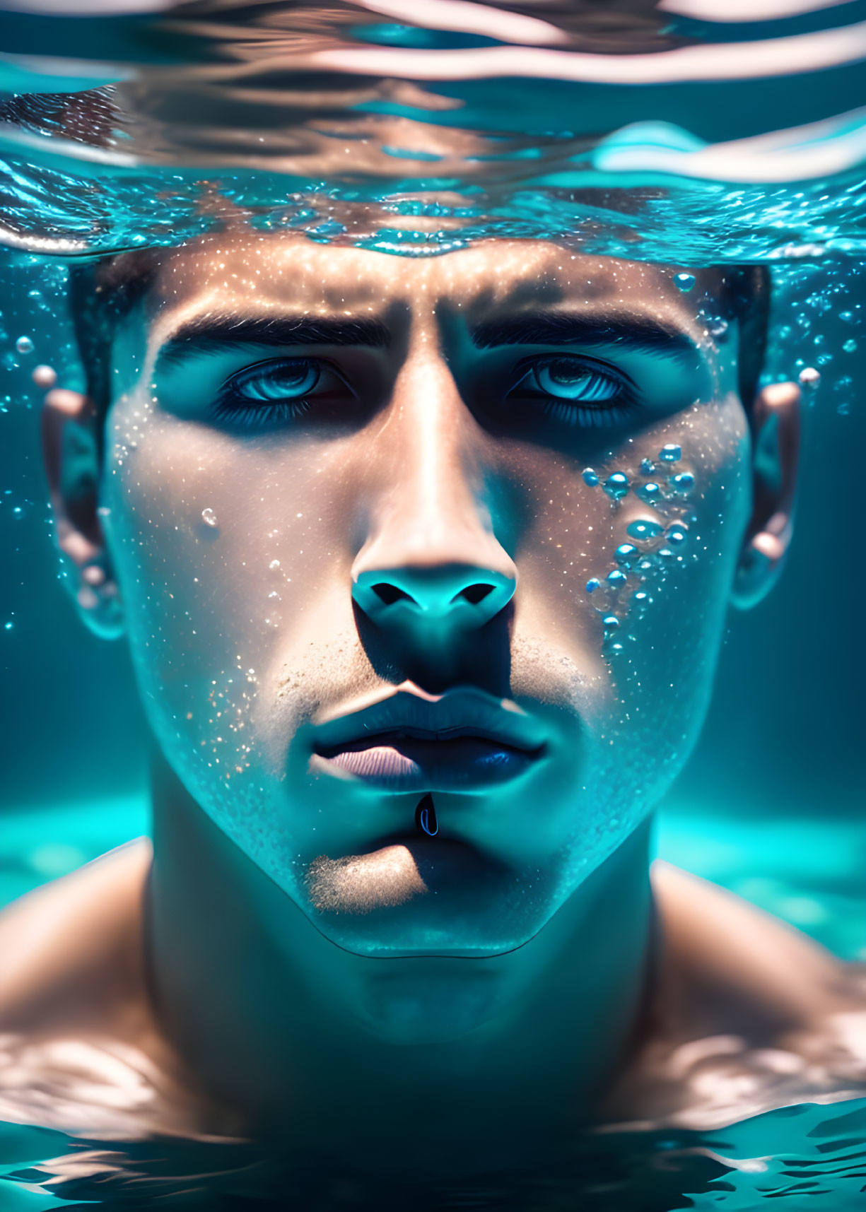 Person submerged in water with air bubbles, gazing at viewer.