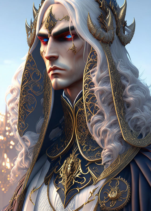 Regal Figure in Gold Armor with Pointed Ears and White Hair