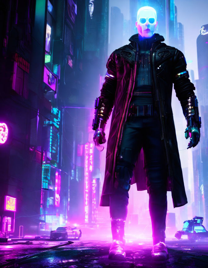 Futuristic outfit with glowing mask in neon-lit cyberpunk cityscape