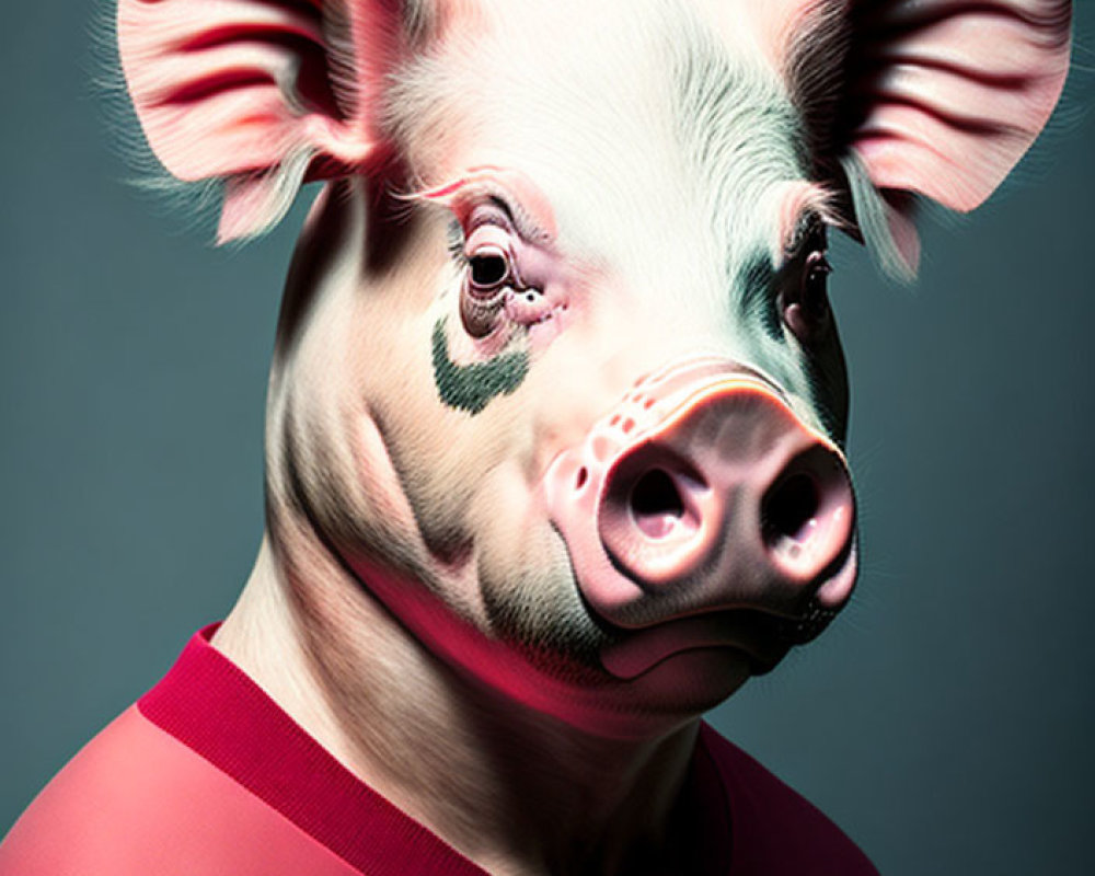 Surreal image: person with pig's head in red t-shirt on grey background
