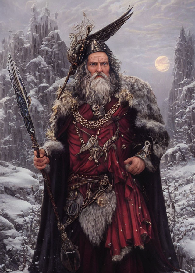 Majestic bearded warrior in medieval armor with spear in snowy mountainous backdrop