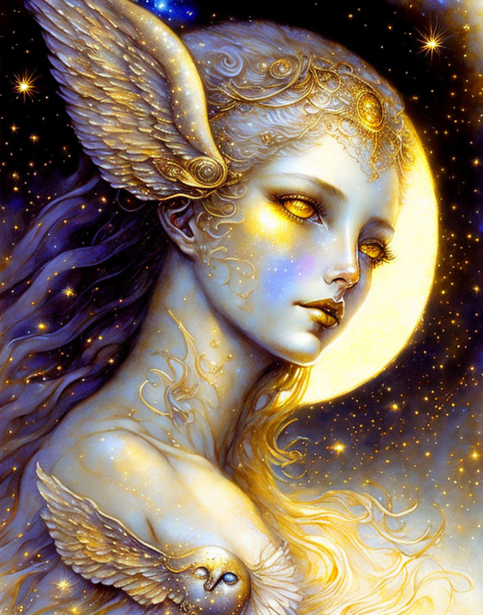 Mystical female portrait with elf-like ears and golden headdress