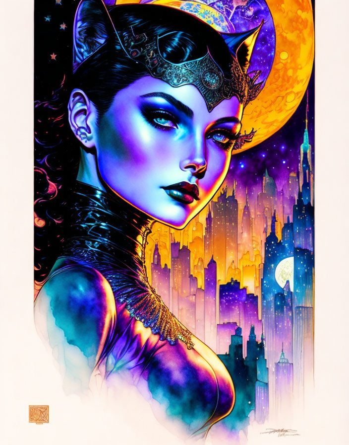 Colorful illustration of woman with cat-like appearance in moon crown against mystical city backdrop.