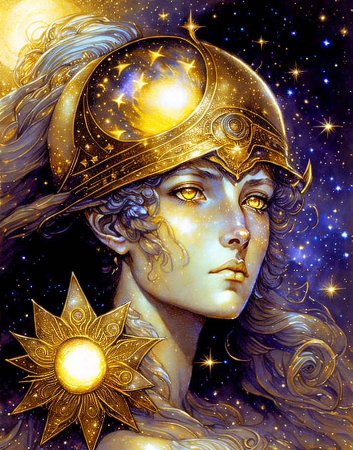 Illustrated Figure in Golden Celestial Armor with Starry Background and Sun Emblem