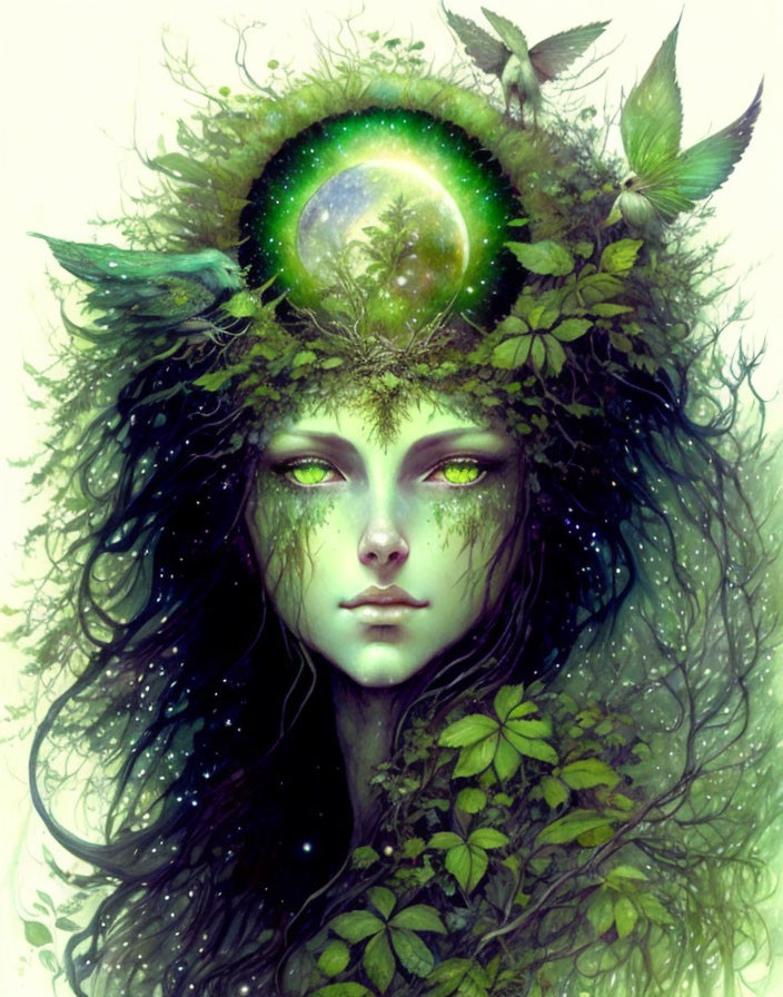 Green-skinned mystical female figure surrounded by foliage and birds with glowing orb and stars in hair