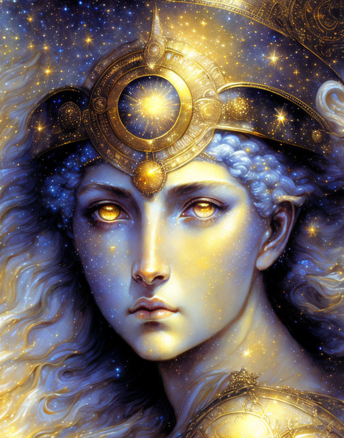Celestial being with starry complexion and ornate headdress in cosmic backdrop