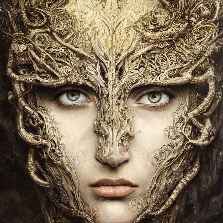 Person with Striking Blue Eyes in Ornate Golden Mask